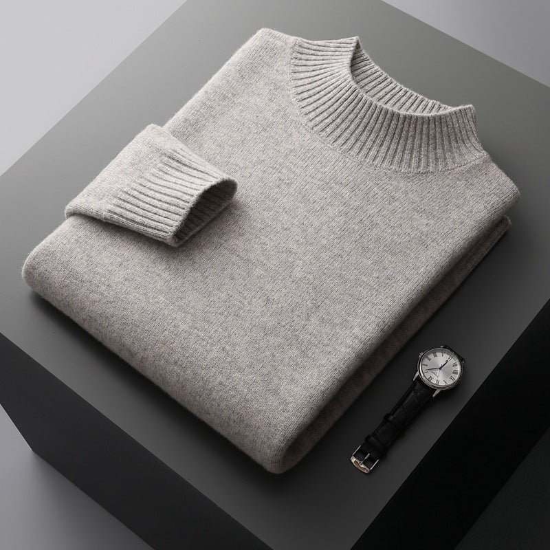 Mock Neck Sweater Men's Knitted Shirt - Pure Wool