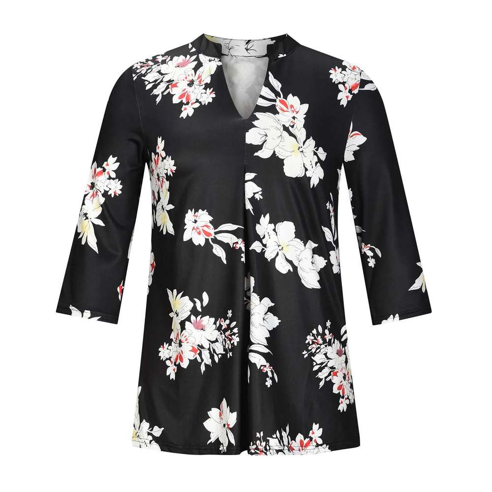 Flowers Print Tops V Neck Long Sleeve Flowers Print Shirt Women Blouse - Minihomy