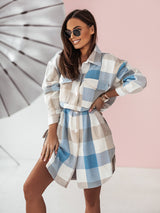 Women's Long Sleeve Color Plaid Brushed Woolen Long Coat