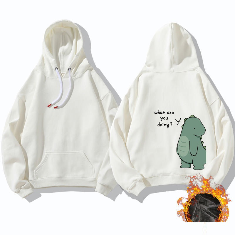 Winter Fleece-lined Hoodie Dinosaur Print Couple Niche Design