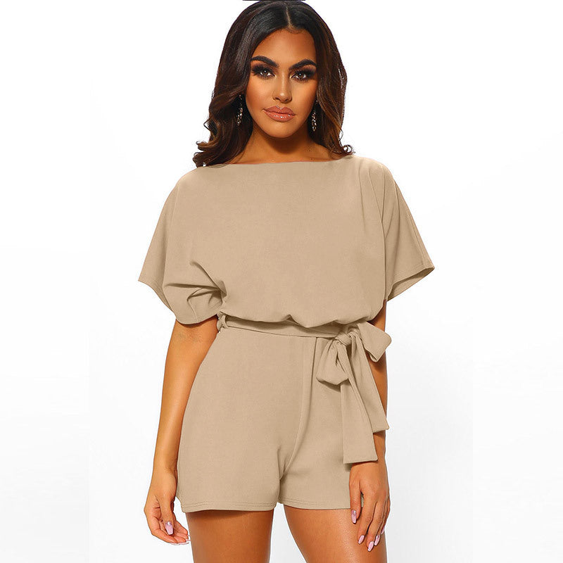 Solid Round Neck Short Sleeves with Belt Tight Waist Dress-up Loose Lady Romper
