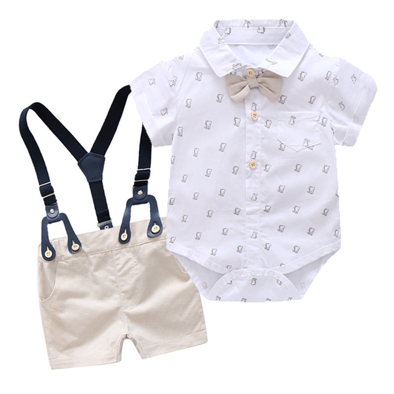 Summer Toddler Boys Gentleman Suit Infant Kids Short Sleeve Bow Tie Shirt