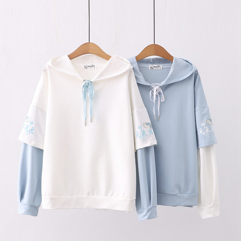 Printed Sleeves Hooded Splicing Pullover Hoodie For Women