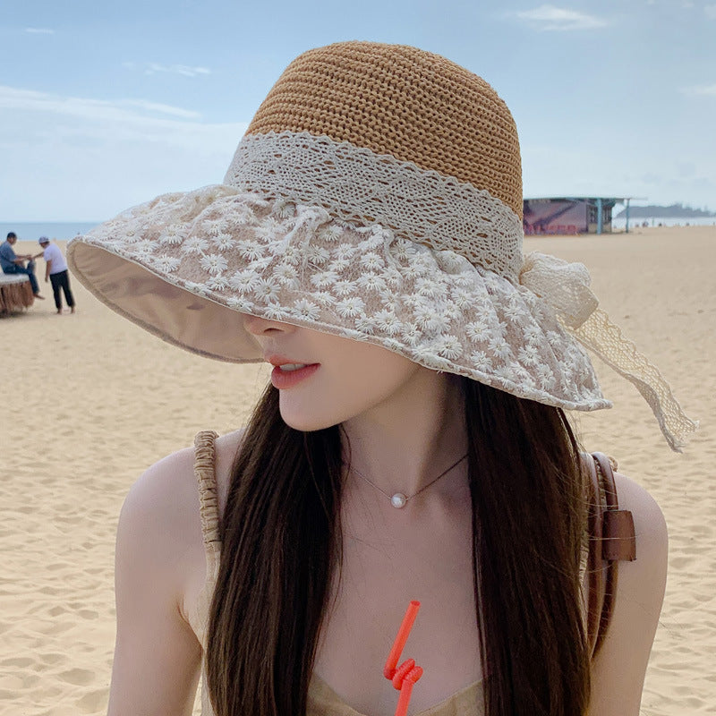 Lace Bow Straw Sun Hat - Wide Brim UV Protection Fisherman Hat for Summer