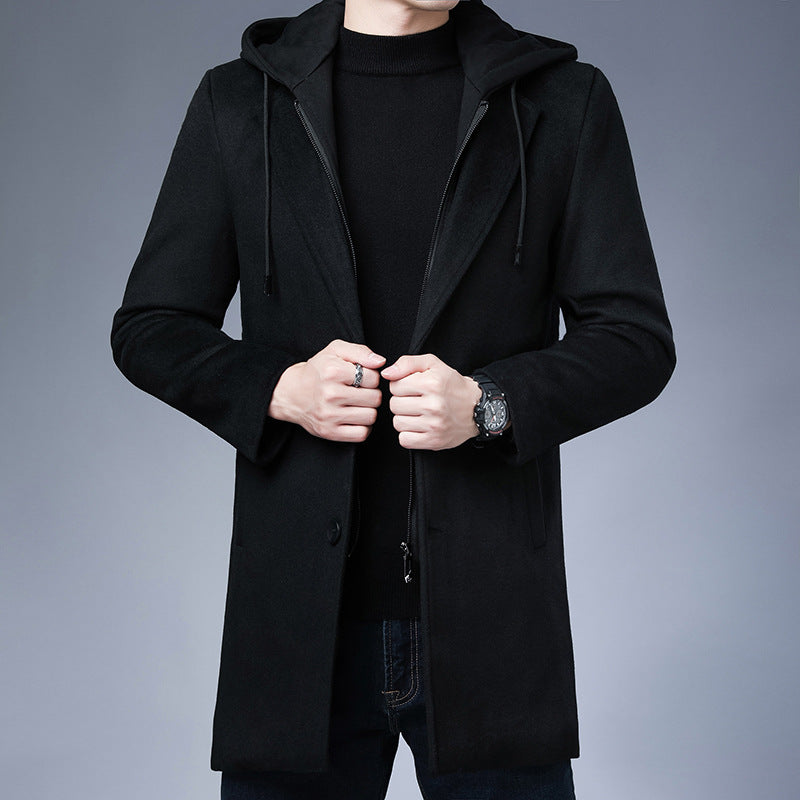 Mens Detachable Hooded Woolen Winter Coat Jacket Mid-Length Single Breasted - Minihomy