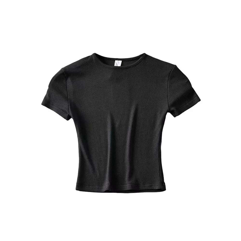 Basic Style Slim-fit Solid Color Round Neck Bottoming Shirt Workout Top