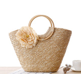 Natural straw handbag wood Rattan handle woven bag