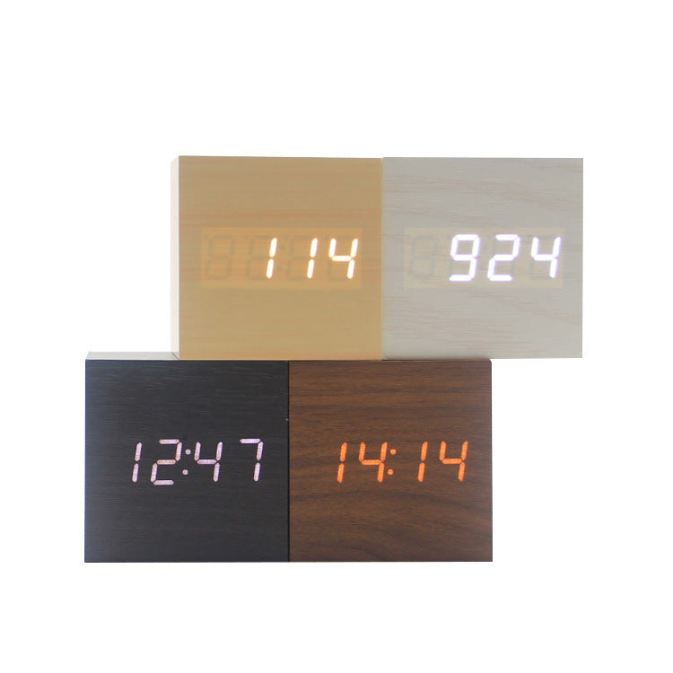 Minimalist Cube shaped sound-sensitive wooden digital clock with temperature display - Minihomy