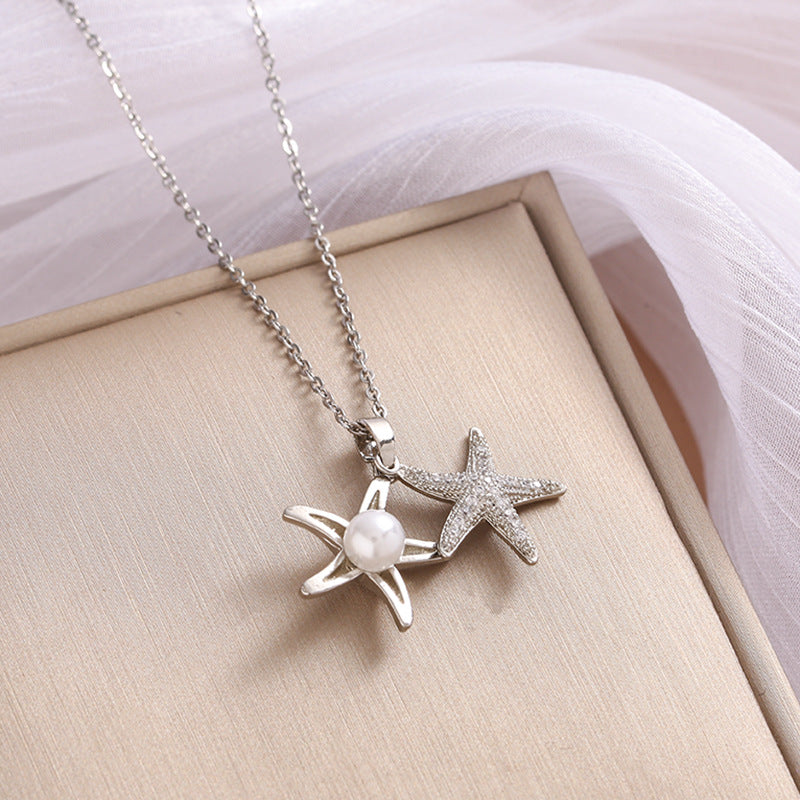 Full Rhinestone Zircon Sea Summer Star Pearl Pendant Titanium Steel Clavicle Chain