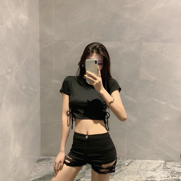 High Waist Stretch Shorts for Women - Double Buckle Design