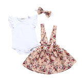 Girls' Cotton White Flying Sleeve Short-Sleeved Romper with Flower Suspenders Skirt and Head Knot