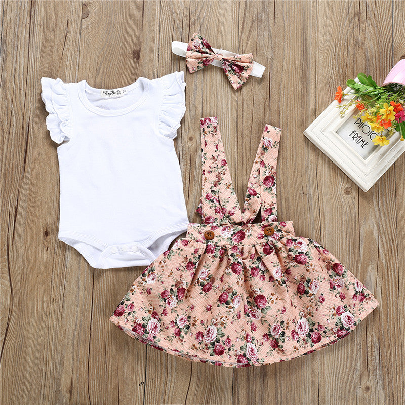 Girls' Cotton White Flying Sleeve Short-Sleeved Romper with Flower Suspenders Skirt and Head Knot