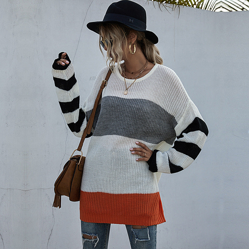 Women s Striped Round Neck Knitted Sweater