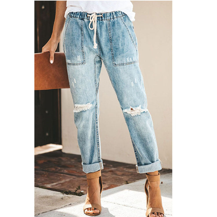 Straight Ripped Jeans For Women Drawstring Trousers With Pockets Pants