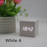 Minimalist Cube shaped sound-sensitive wooden digital clock with temperature display - Minihomy