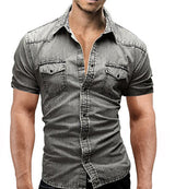 Men Denim Short-sleeved Slim Shirt