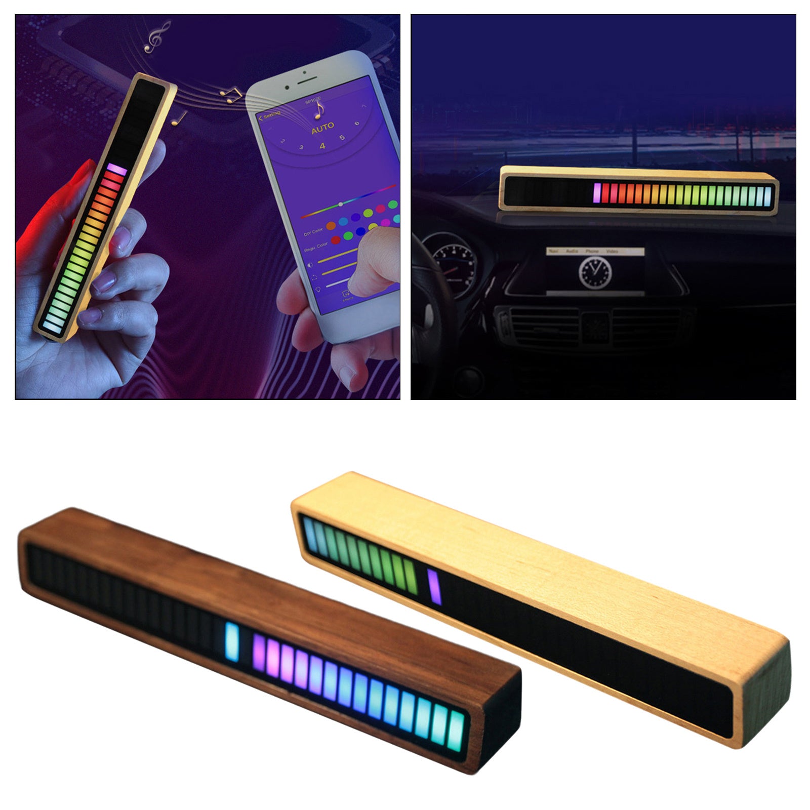 Bluetooth Voice Control Car Audio VU Meter with RGB LED Lights - Solid Wood Spectrum Rhythm - Minihomy