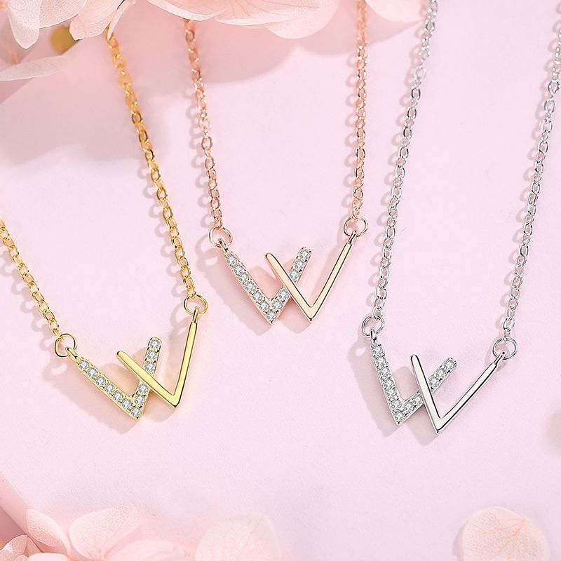 Letter W Necklace For Women Girls Stainless Steel Cubic Zirconia Clavicle Chain Necklaces - Minihomy