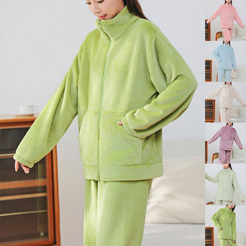 Winter Pajamas Sets Homewear With Pockets Design Thickened Coral Velvet Stand Collar Warm Pajamas