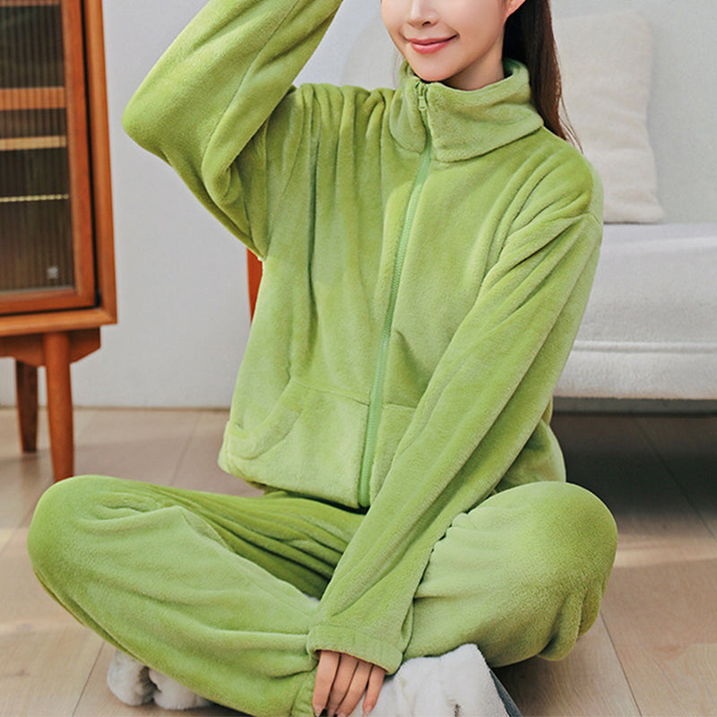 Winter Pajamas Sets Homewear With Pockets Design Thickened Coral Velvet Stand Collar Warm Pajamas