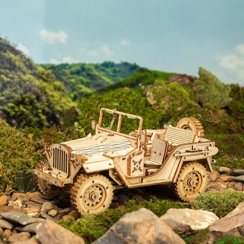 3D Wooden Puzzle Model Toys - 1:18 Scale Army Jeep Model Kit Replica - Minihomy