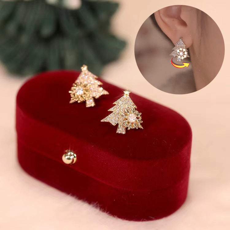Rotatable Christmas Tree Earrings Shiny Rhinestone Snowflake Stud Earring