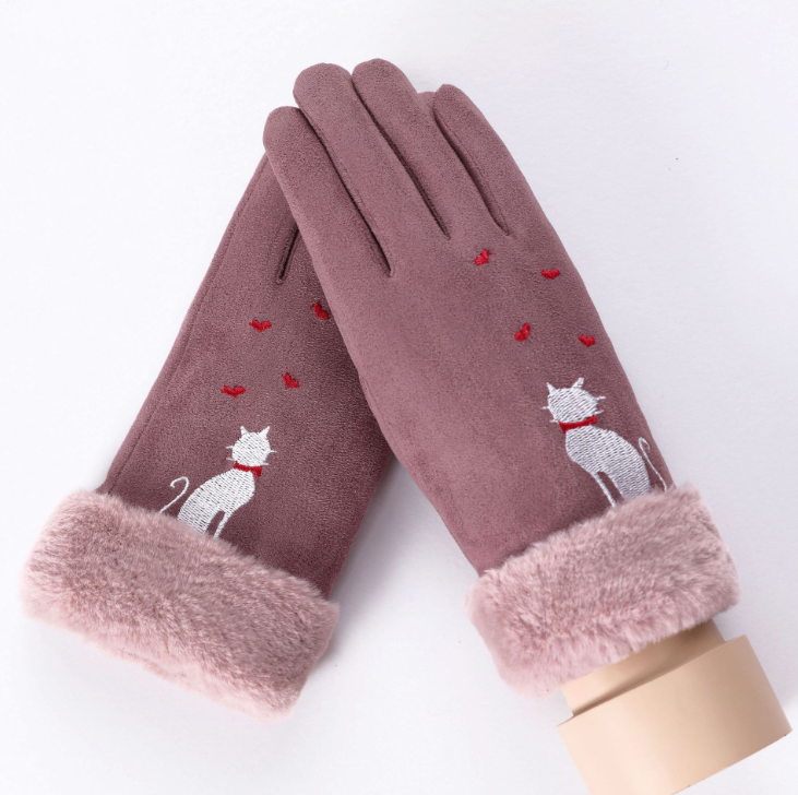 Winter Female Lace Warm Cashmere Three Ribs Cute Bear Mittens Double thick Plush