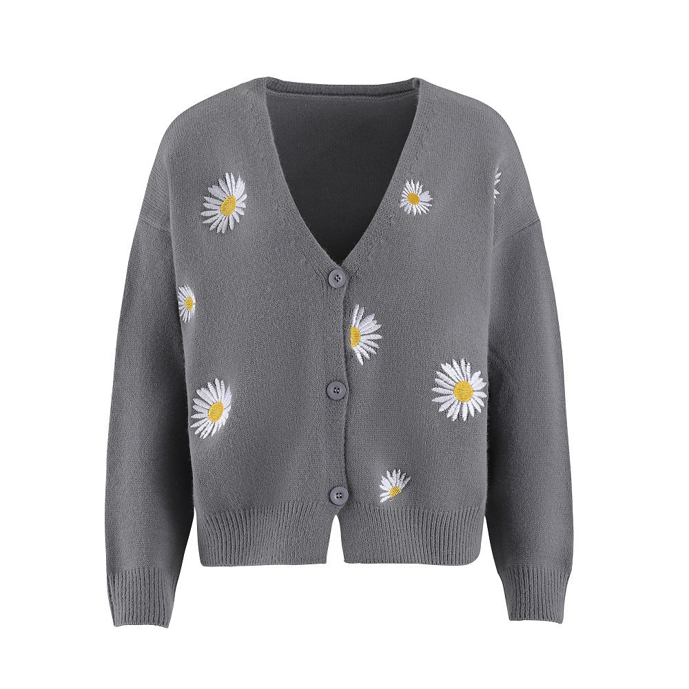 Women's Single Breasted Sweater Chrysanthemum Embroidered Cardigans Coat Clothes