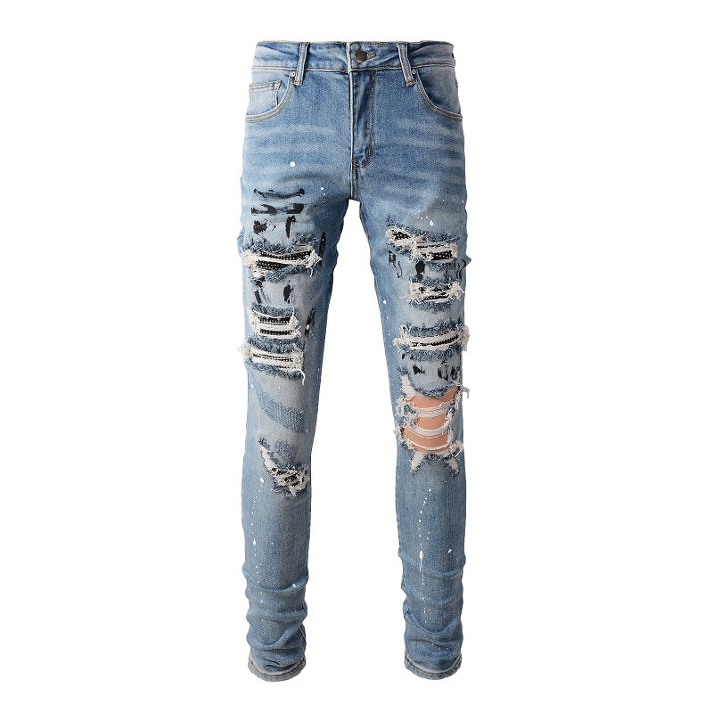 High Street Worn Out Wash Paint Splashing Perforated Jeans - Minihomy