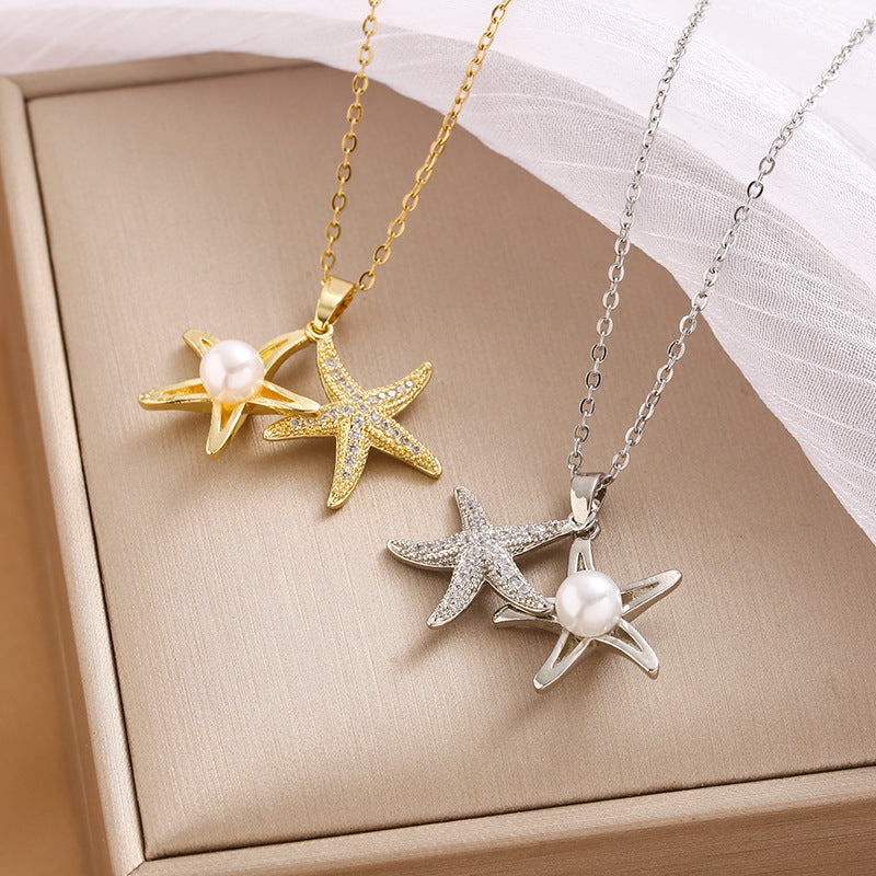 Full Rhinestone Zircon Sea Summer Star Pearl Pendant Titanium Steel Clavicle Chain