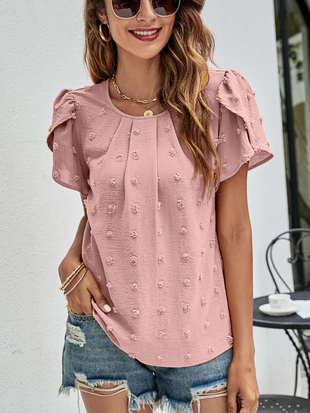 Crew Neck Casual Tulip Sleeve T-shirt Jacquard Top For Women - Minihomy