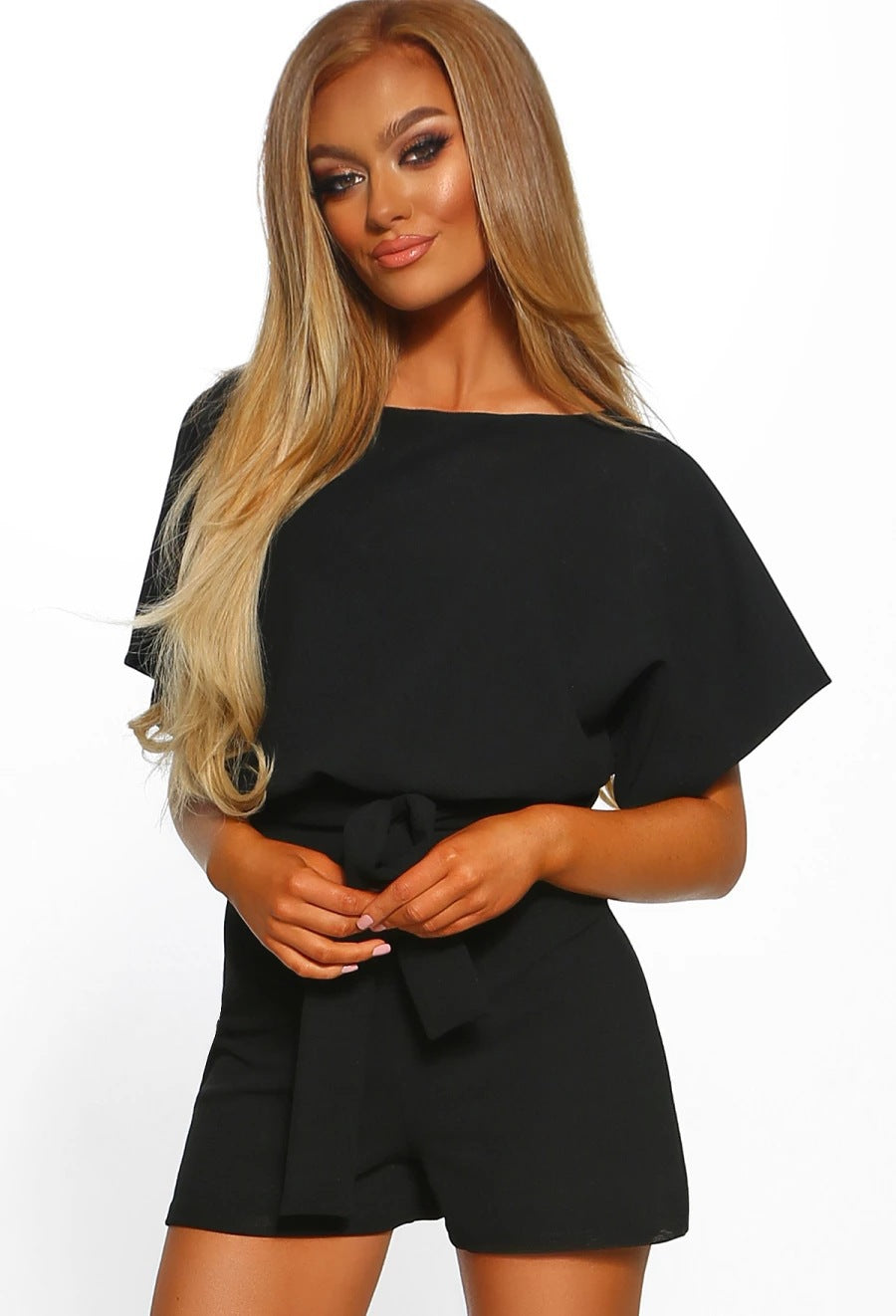 Solid Round Neck Short Sleeves with Belt Tight Waist Dress-up Loose Lady Romper