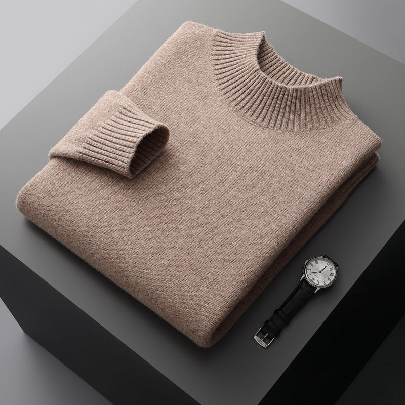 Mock Neck Sweater Men's Knitted Shirt - Pure Wool