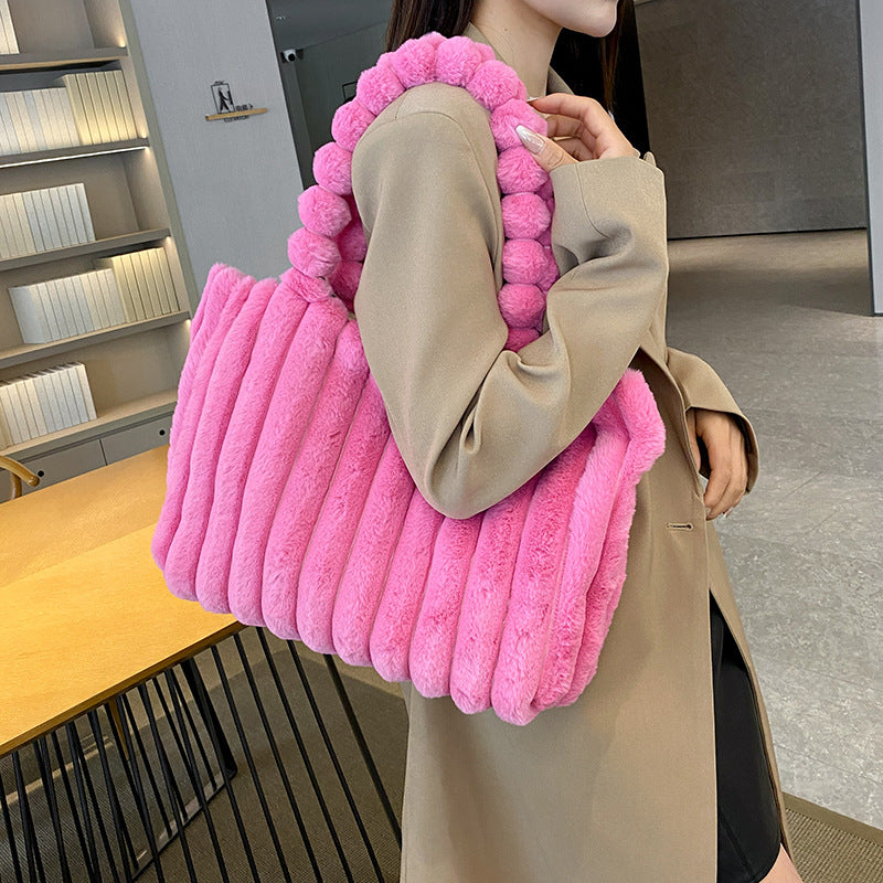 Striped Plush Winter Shoulder Bag - Large Capacity Furry Handbag