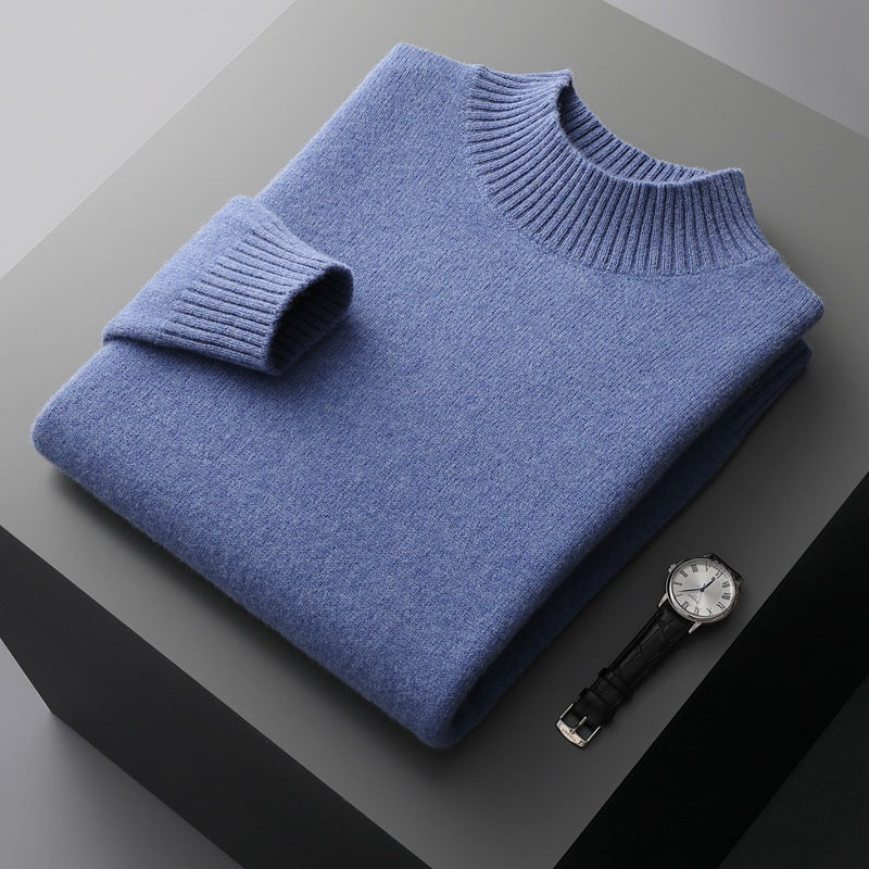 Mock Neck Sweater Men's Knitted Shirt - Pure Wool