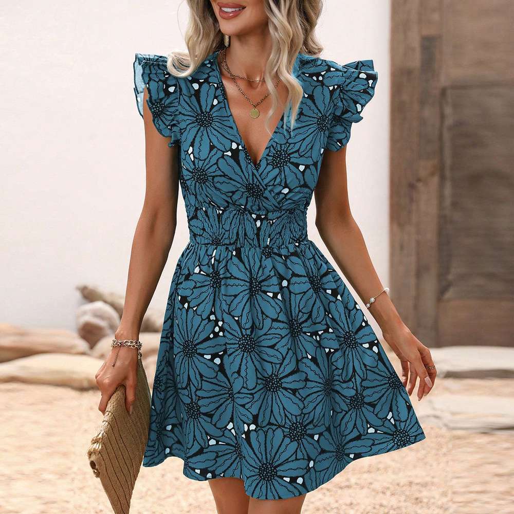 Flowers Print Ruffled Sleeveless Dress Summer Deep V-neck Slim-waist Short Dresses - Minihomy