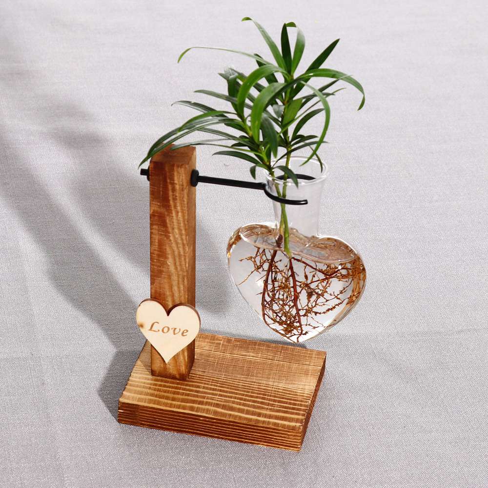 Love Heart Shape Clear Glass Hydroponic Flower Vase with Wooden Stand - Minihomy