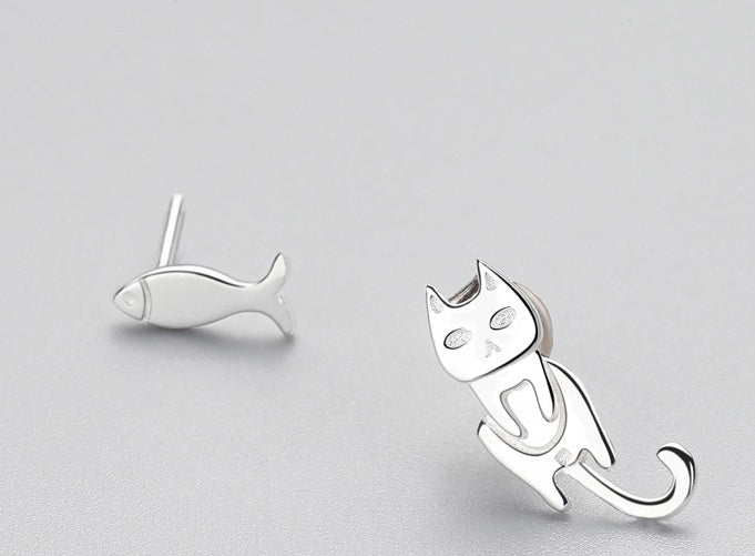 Fashion Asymmetry 925 Sterling Silver Stud Earrings Animal Fish Cat Stud Earrings for Women Personality Jewelry Gifts