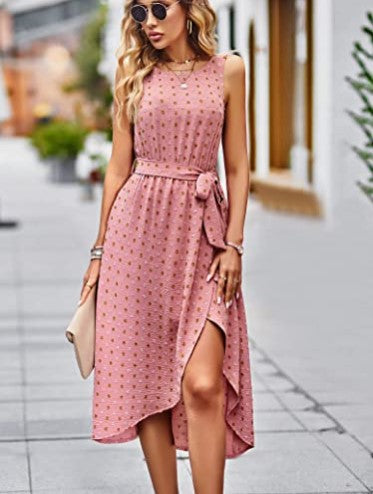 Sleeveless Round Neck Tied Polka Dot Dress