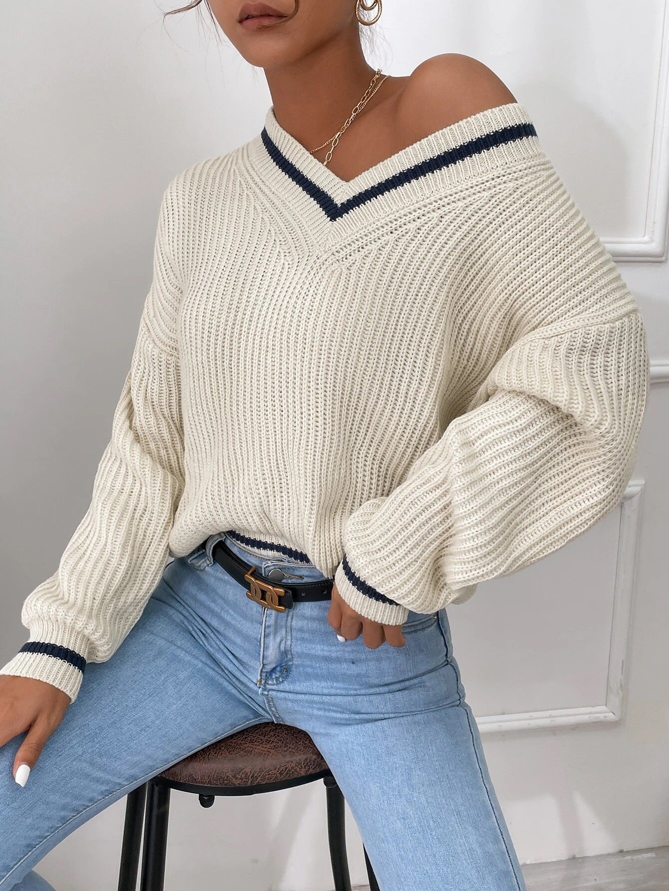 Winter Women's Clothes Cable Knit V Neck Sweaters Casual Long Sleeve