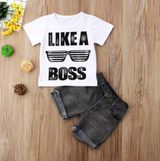 Boys' Short Sleeve Letter Denim Shorts Two-Piece Set