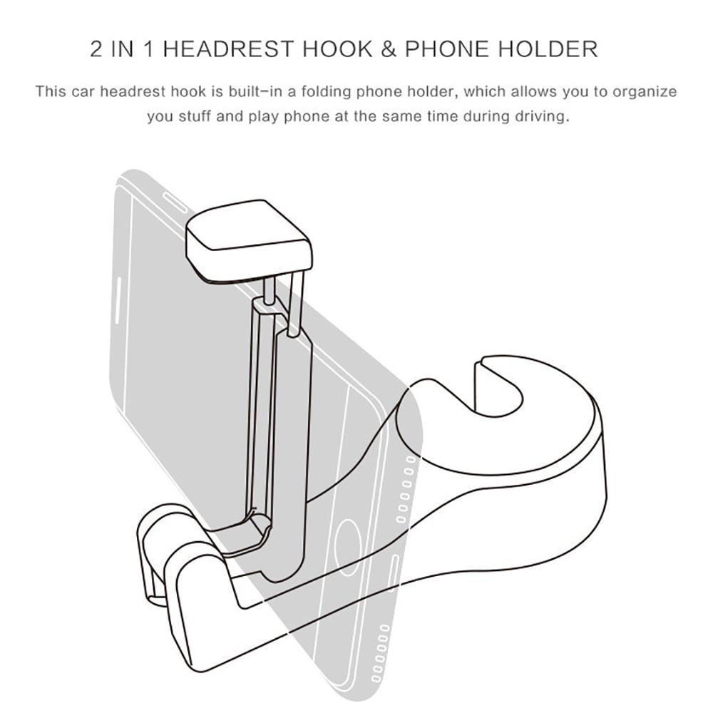 Car Headrest Hook with Phone Holder Seat Back Hanger for Bag Handbag Purse Grocery Cloth - Minihomy