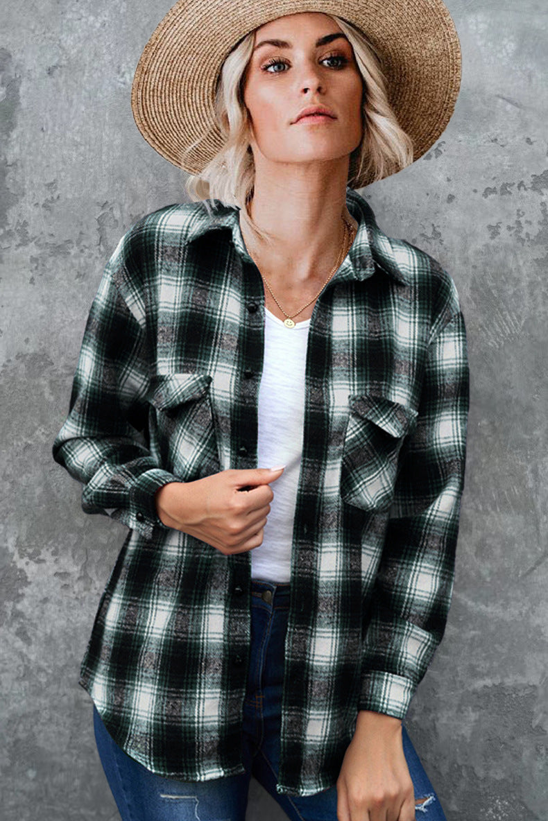 Plaid Shirt Women Spring Mid-length Loose Blouse Turndown Collar Shirt Clothing