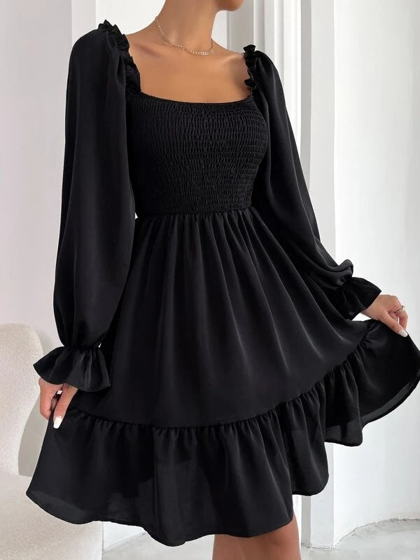 Flared Long Sleeve Dresses Women Square Neck Ruffled Swing Dress - Minihomy