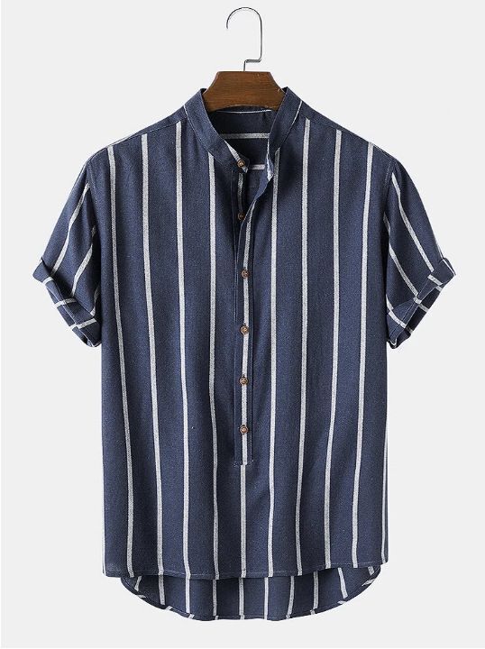 Simple Striped Men's Stand Collar Short Sleeve Shirt Men