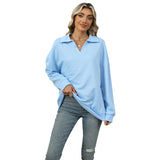 New Lapel V-neck Sweatshirt Fashion Casual Loose Solid Color  Long-sleeved Pullover Top For Womens Clothing