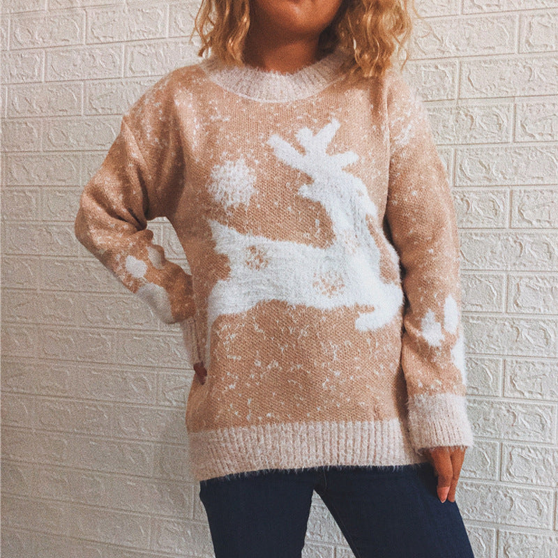 Fawn Snowflake Round Neck Knitted Pullover
