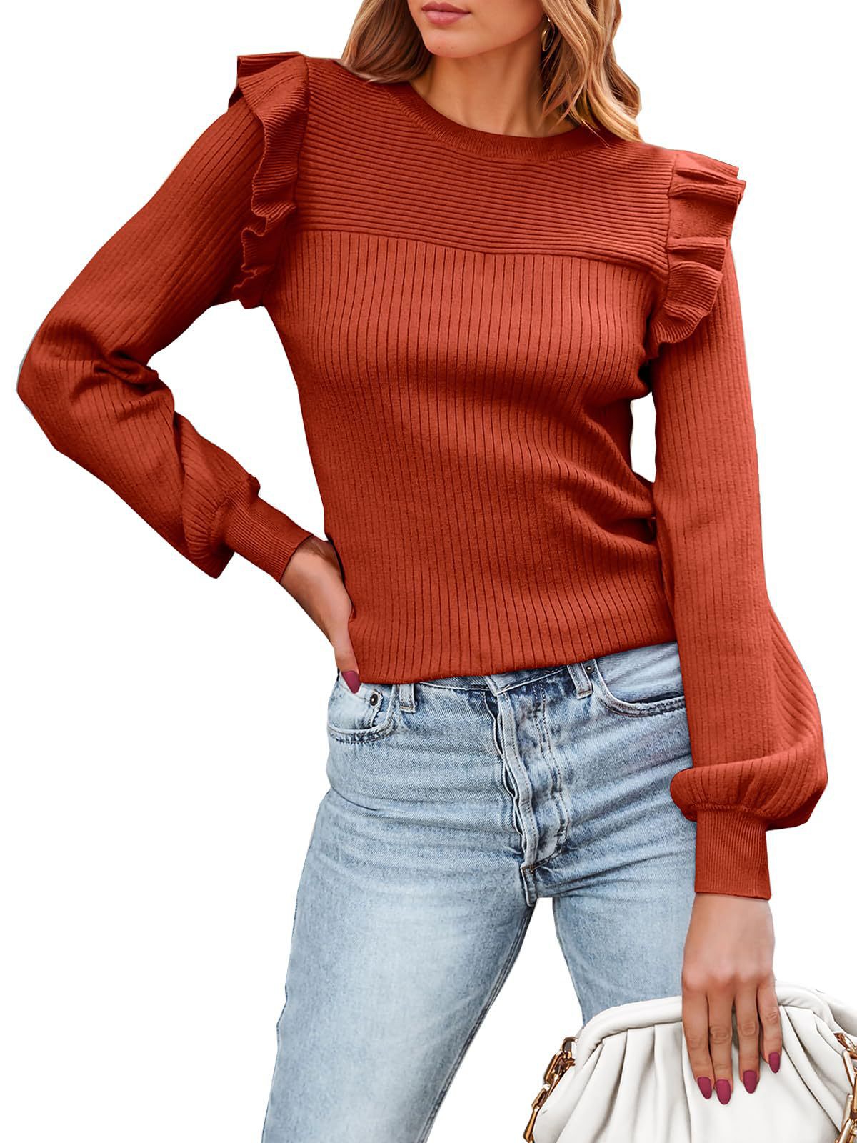 Ruffled Shoulder Long Sleeve Round Neck Slim Rib Knitted Sweater