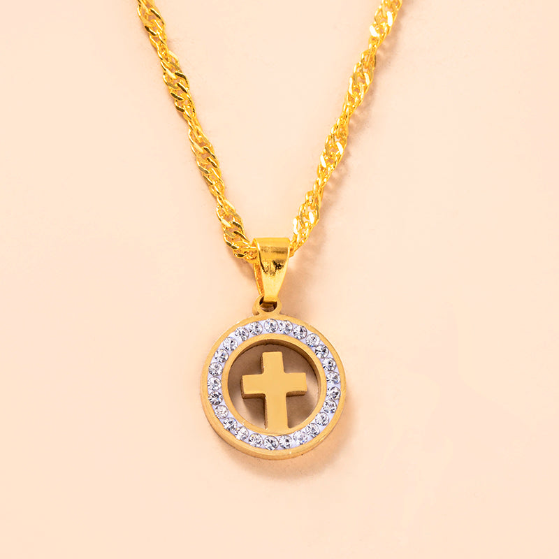 Gold Hollow Round Cross Necklace Silver Stainless Steel Crystal Circle Pendant Necklaces - Minihomy