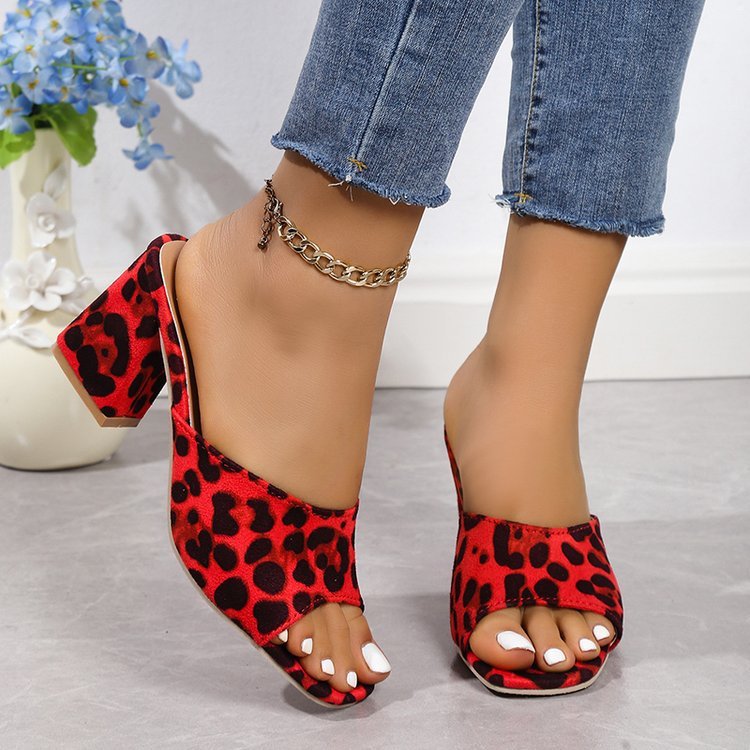 Women's Leopard Print Square Toe Chunky Heel Sandals